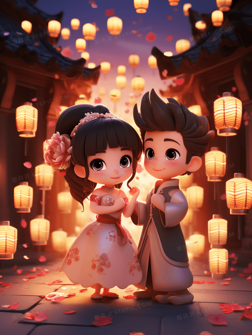 古镇里度过中国情人节的情侣插画