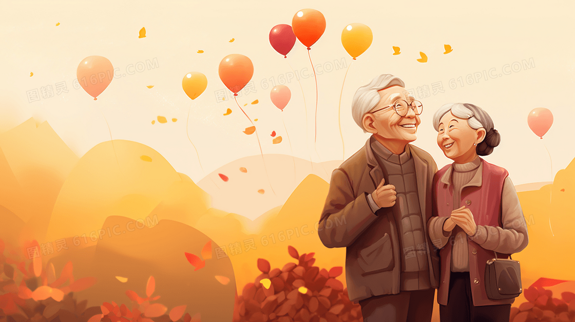 老年夫妇晚年生活重阳节插画