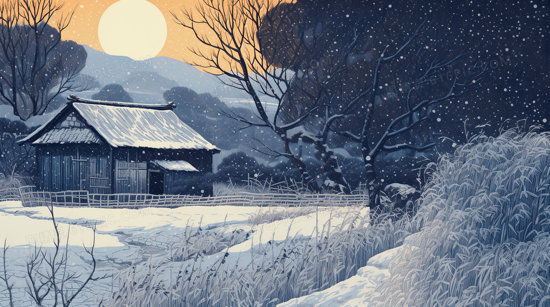 中国古代乡村冬季雪景土坯房插画