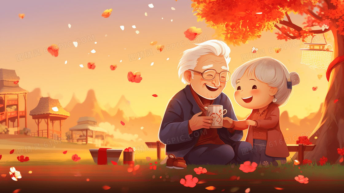 参加重阳节庆祝活动的老夫妻插画