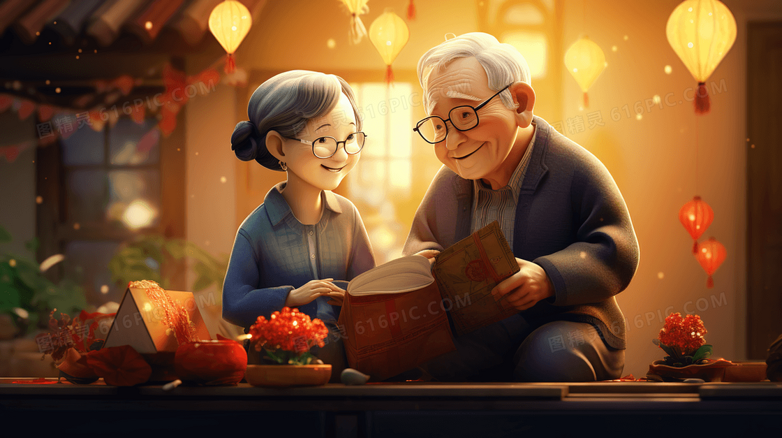 参加重阳节庆祝活动的老夫妻插画