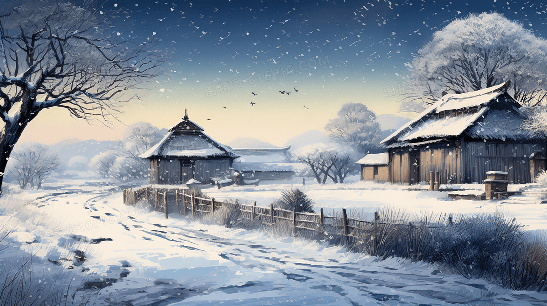 乡村雪景唯美插画