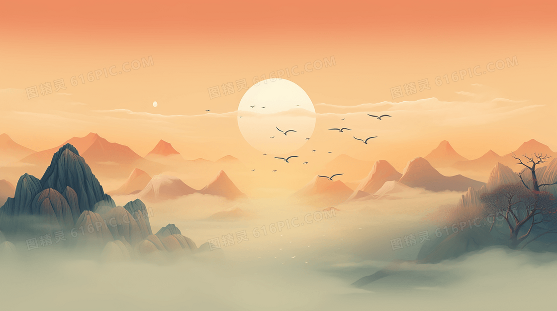 大山湖泊日落黄昏水雾插画
