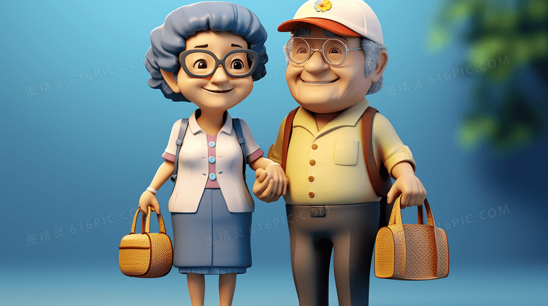 一对3D老年夫妇插画