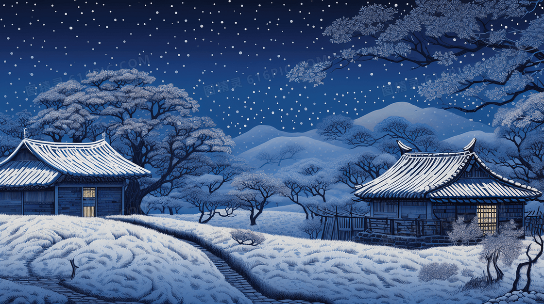 中国古代乡村冬季雪景土坯房插画