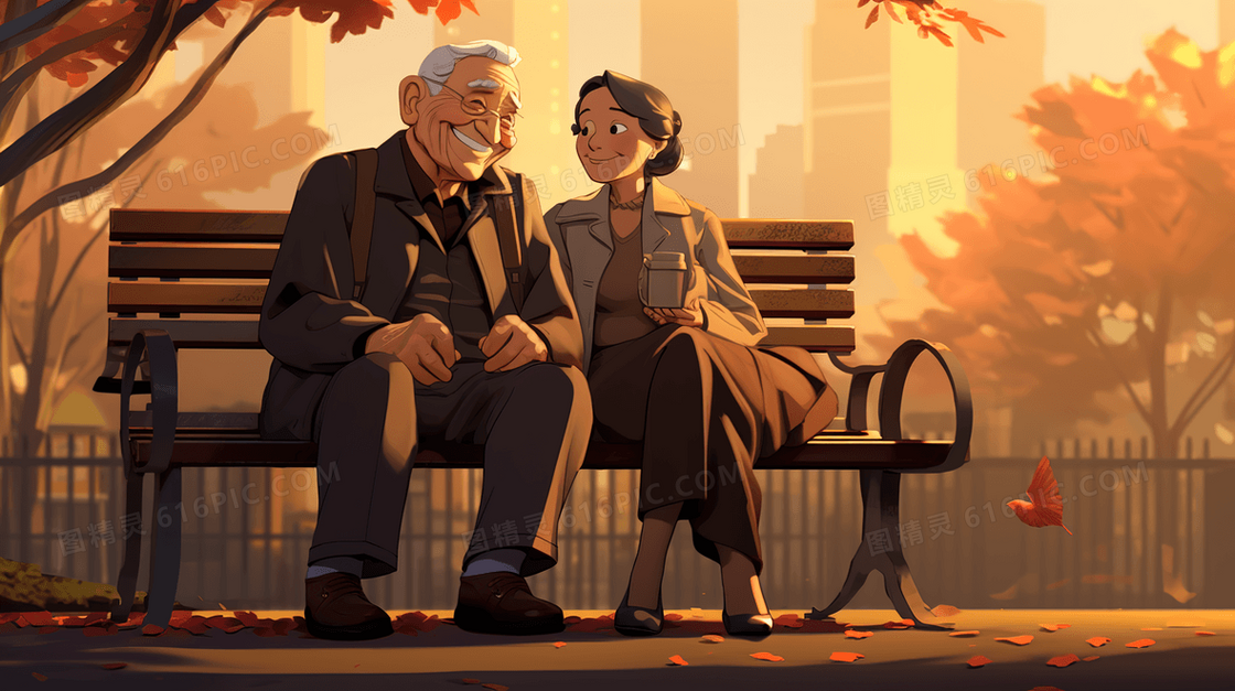 黄昏公园里的长椅上的老夫妇插画