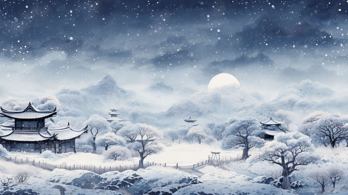 中国古代乡村冬季雪景土坯房插画