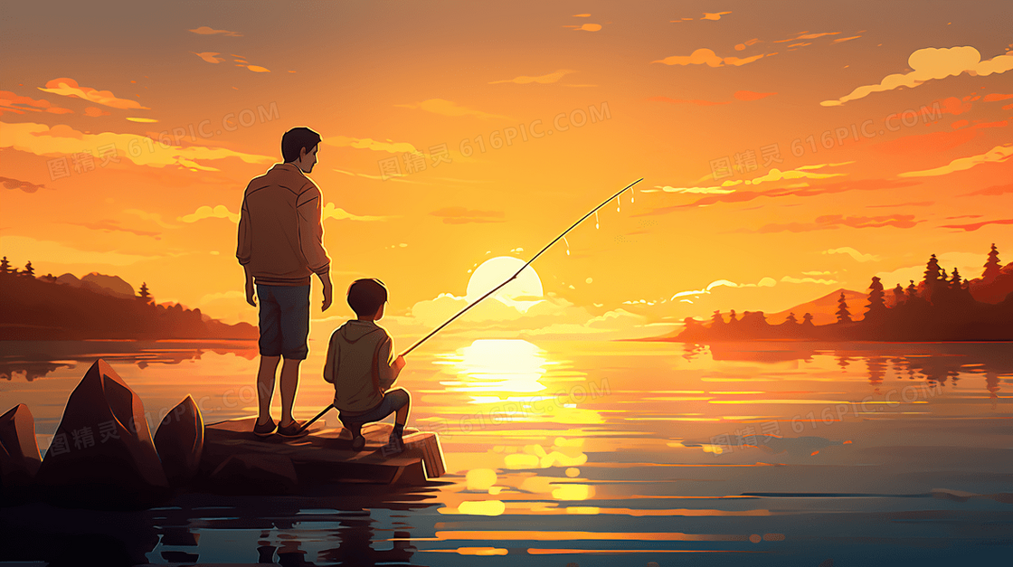 卡通父子在河边钓鱼场景插画