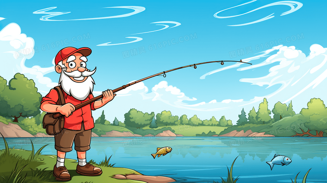 卡通老爷爷在河边钓鱼场景插画