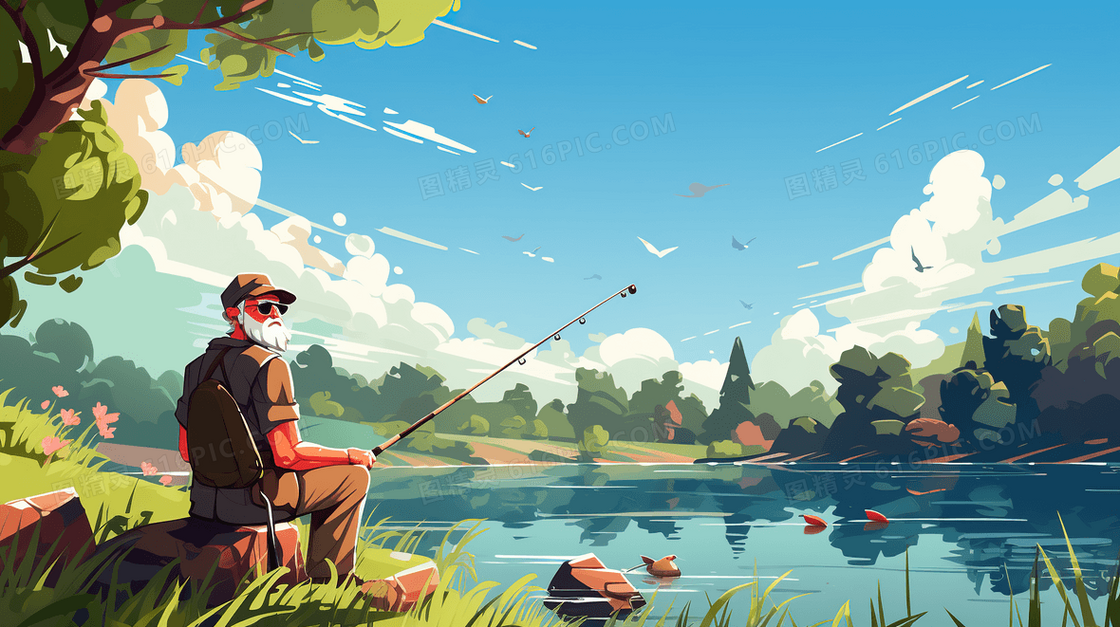 卡通老爷爷在河边钓鱼场景插画