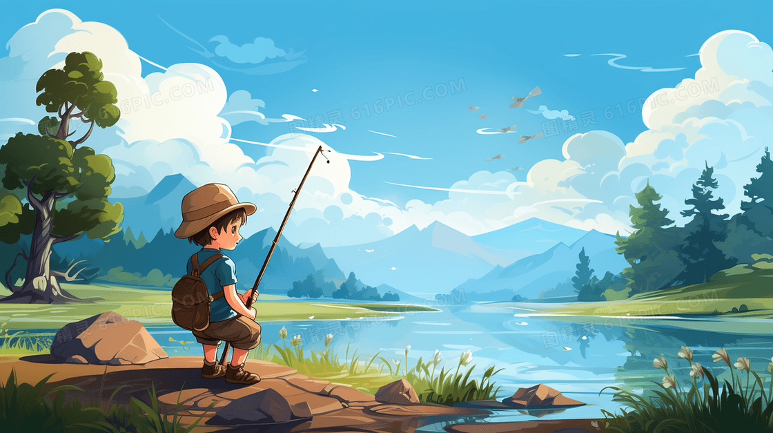 卡通小男孩在河边钓鱼场景插画