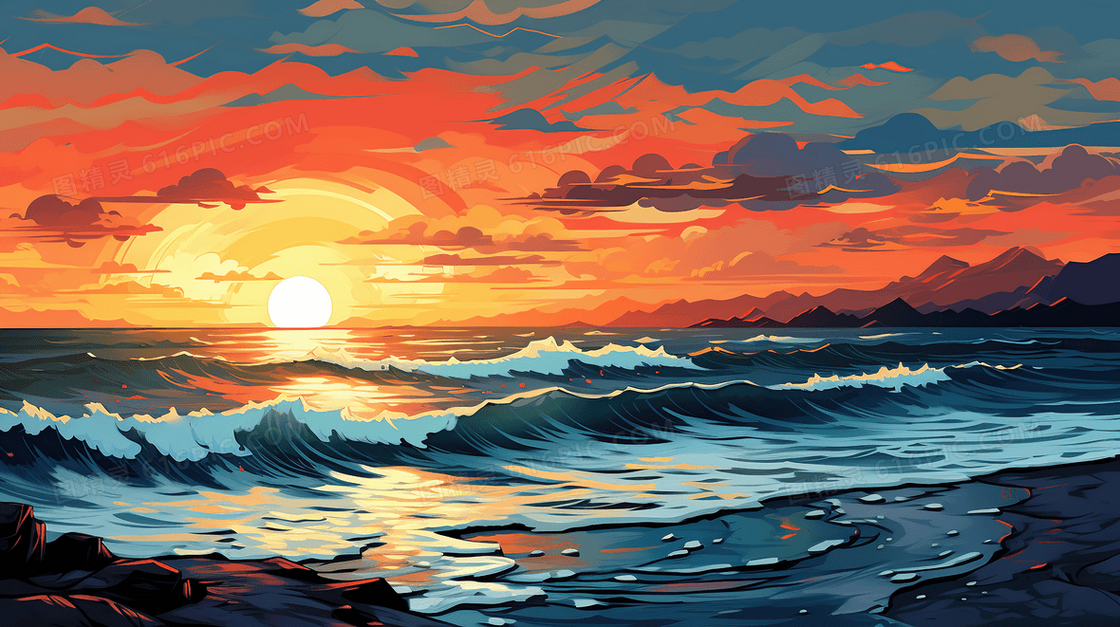 唯美大海夕阳落日风景插画
