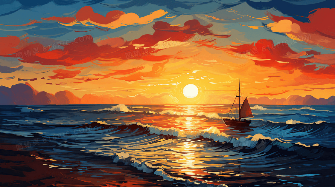 唯美大海夕阳落日风景插画