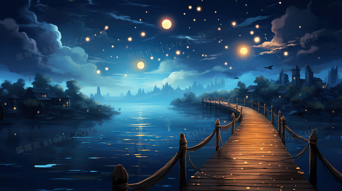 唯美星空夜晚风景晚安插画