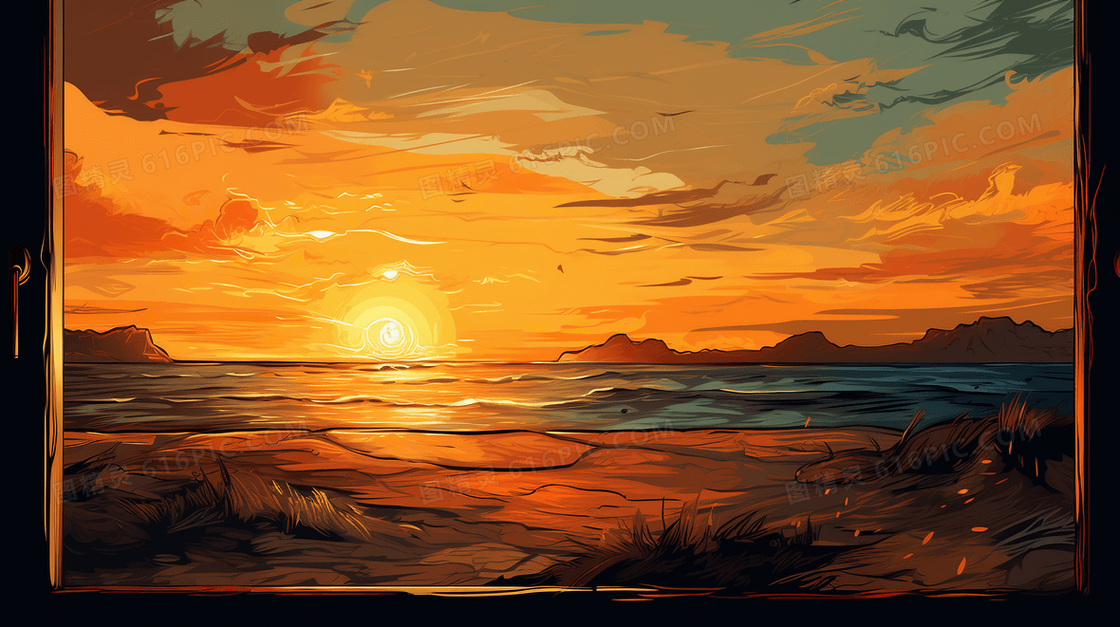 唯美田园夕阳落日风景插画