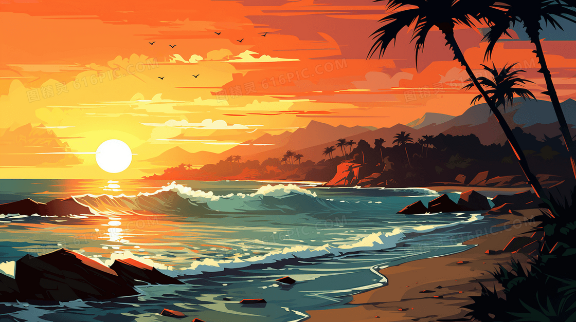 唯美沙滩夕阳落日风景插画