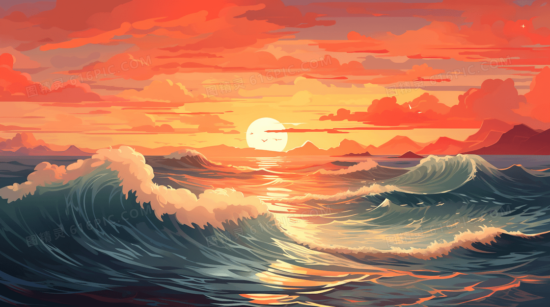 唯美大海夕阳落日风景插画