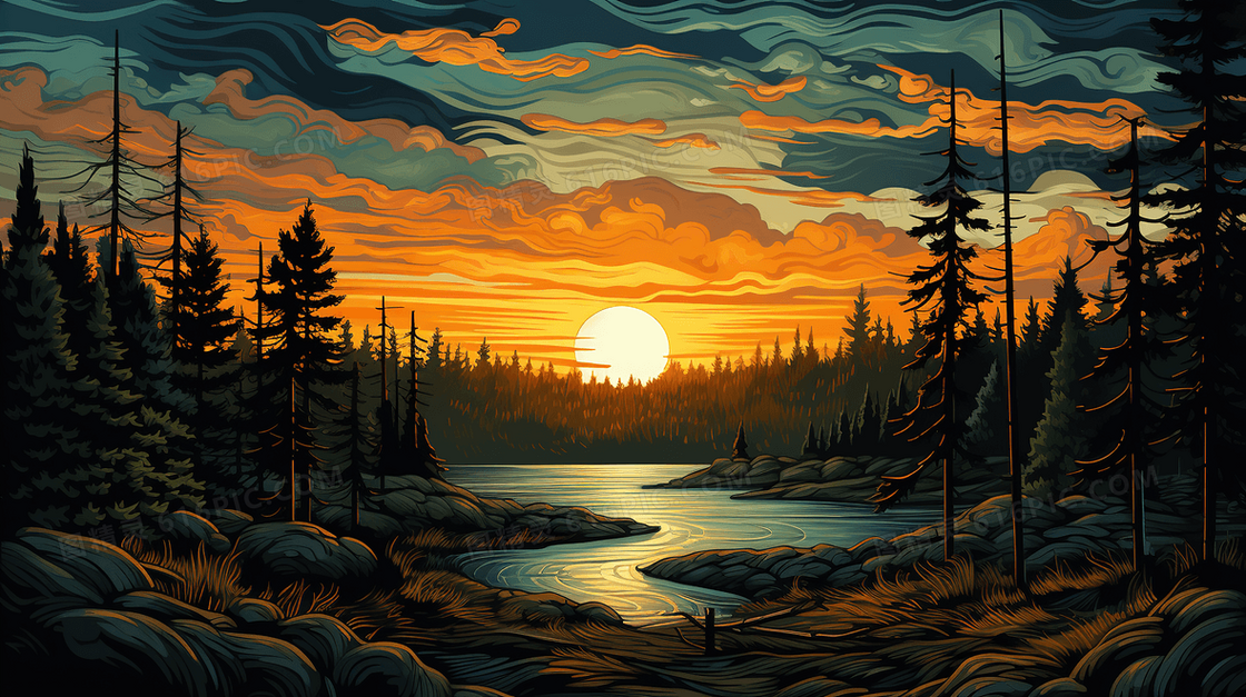 唯美沙滩夕阳落日风景插画