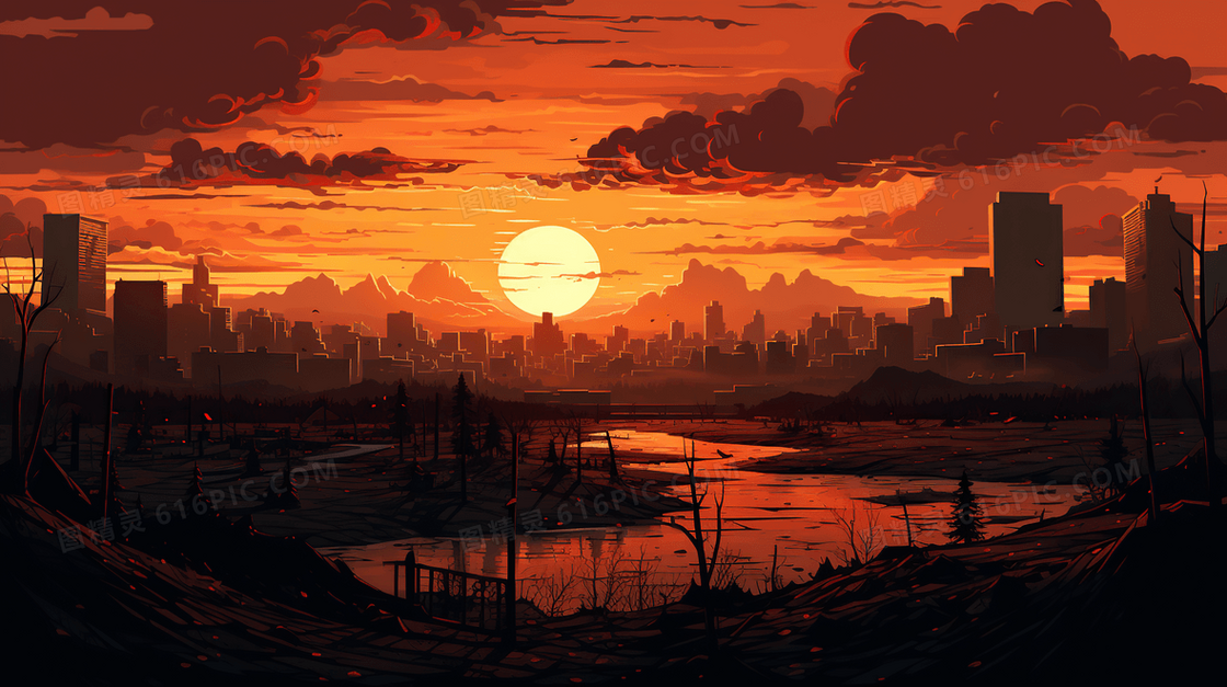 唯美城市夕阳落日风景插画