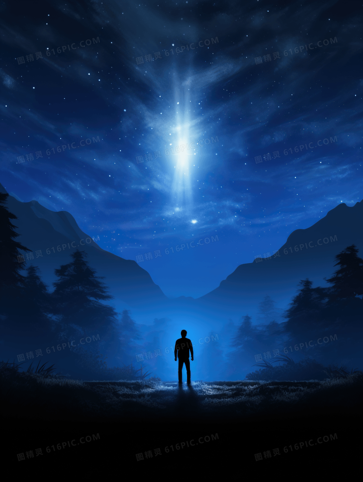 唯美星空人物背影夜晚风景插画背景图片下载_1760x2336像素JPG格式_编号
