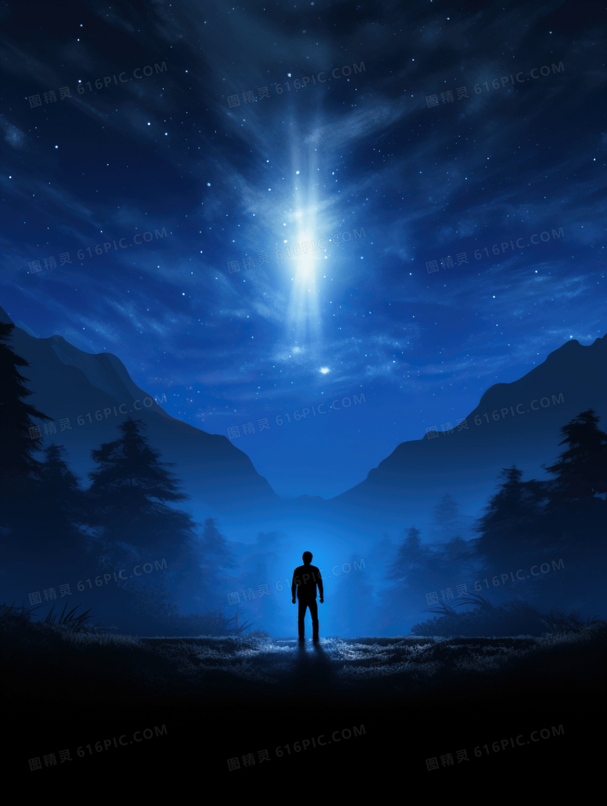 唯美星空人物背影夜晚风景插画