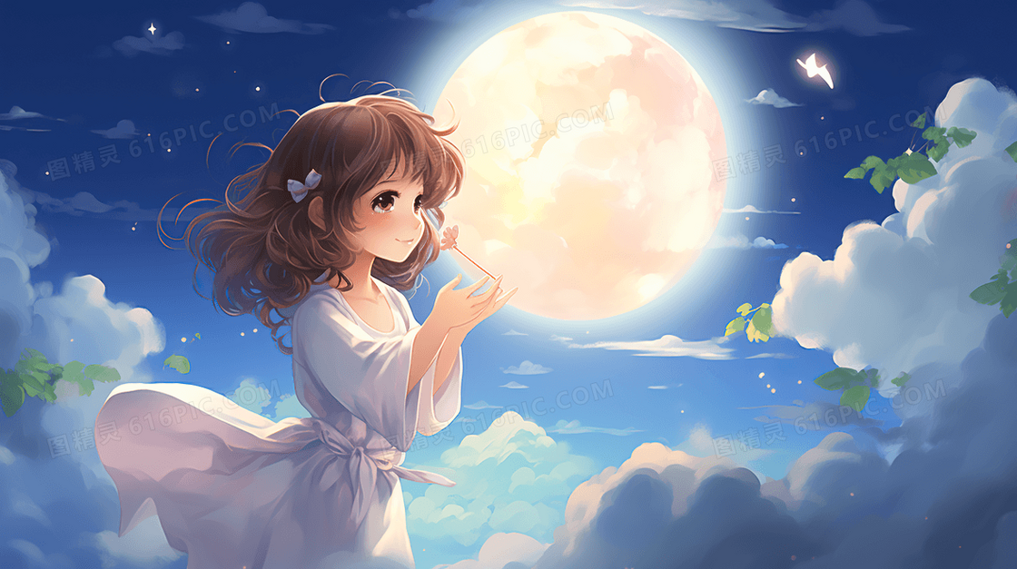 唯美星空少女夜晚风景晚安插画