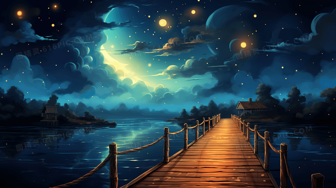 唯美星空夜晚风景晚安插画
