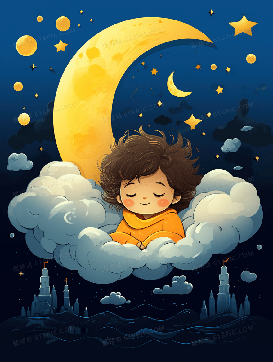 唯美星空少女夜晚风景晚安插画