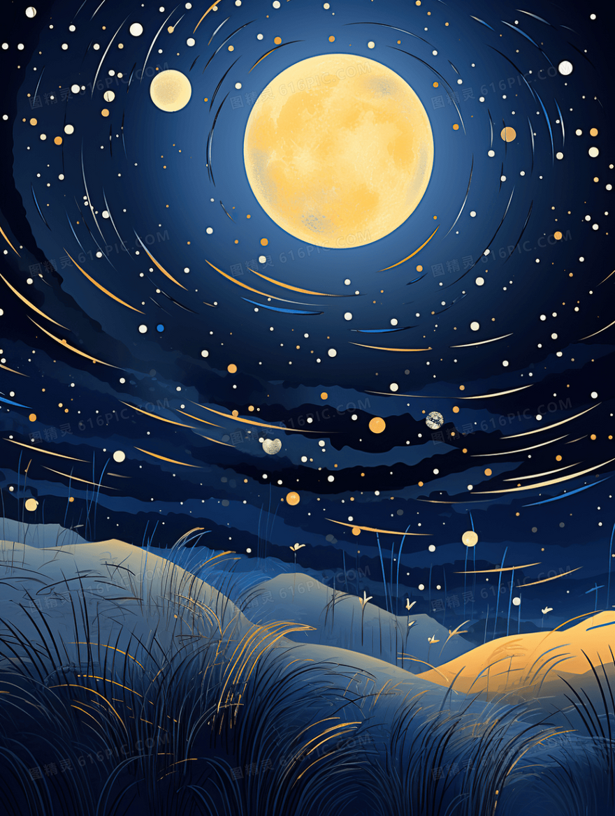 唯美星空夜晚草地风景插画