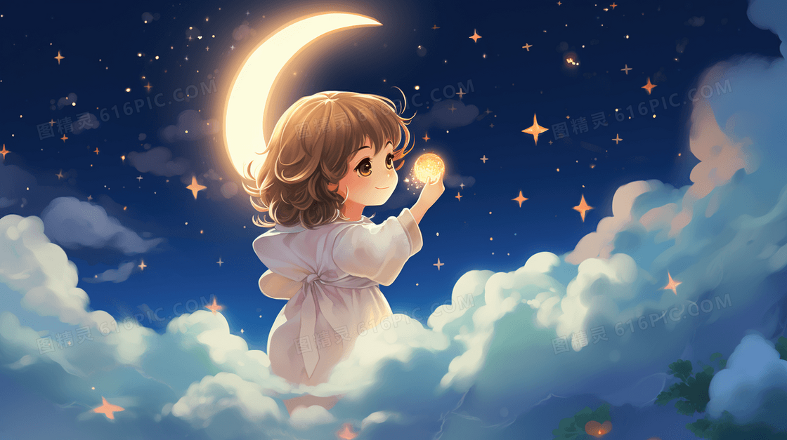 唯美星空少女夜晚风景晚安插画