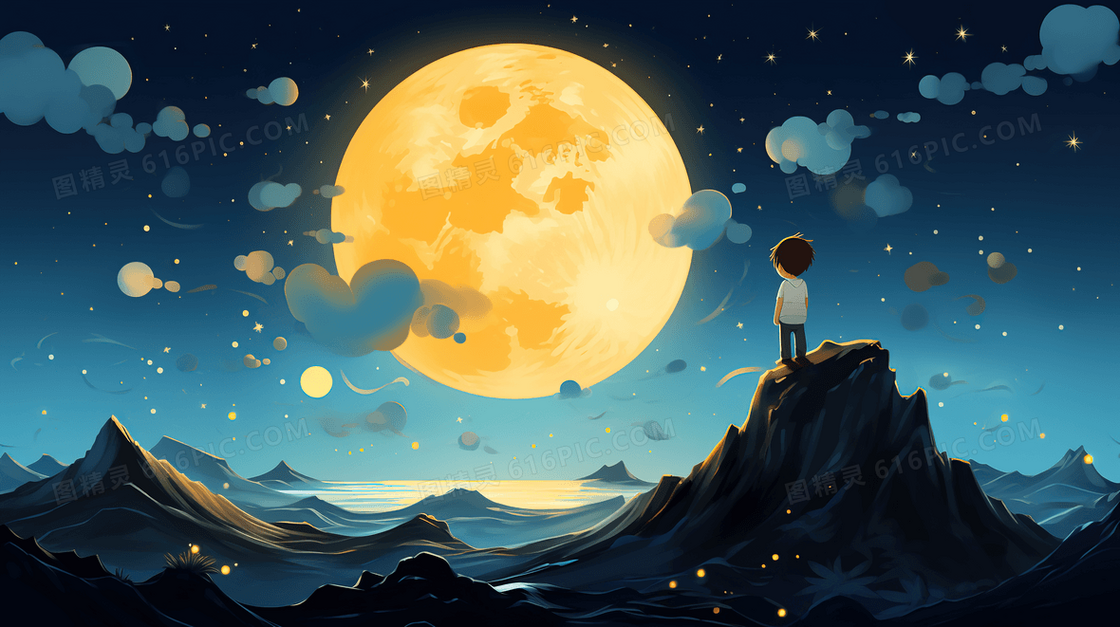 唯美孩子站在星空下插画