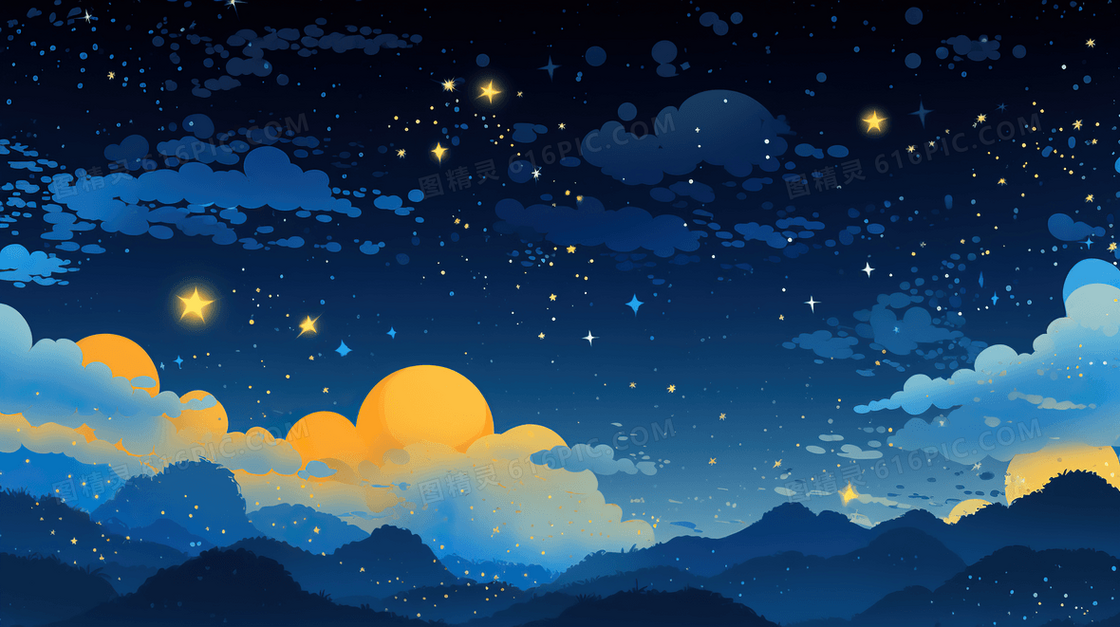 唯美星空夜晚风景晚安插画