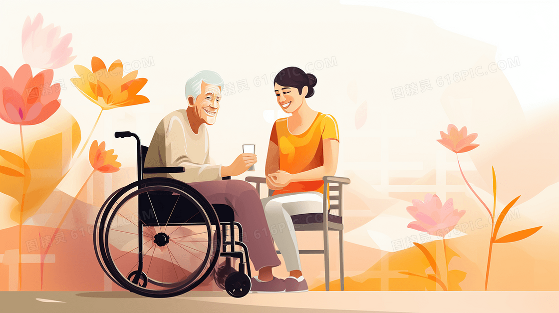 志愿者陪伴老年人公益宣传插画