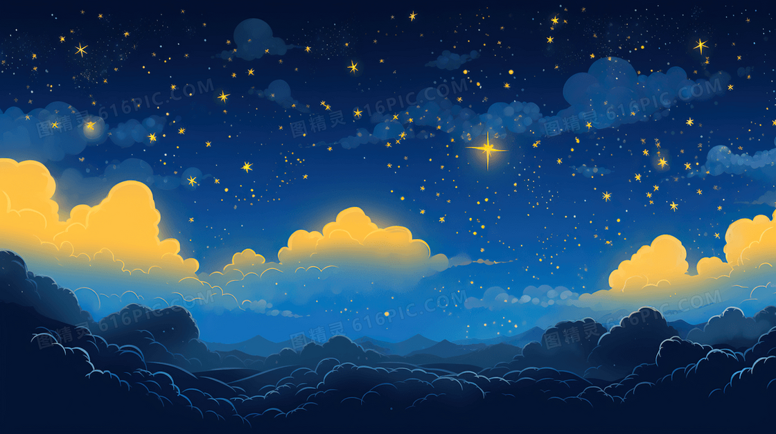 唯美星空夜晚风景晚安插画