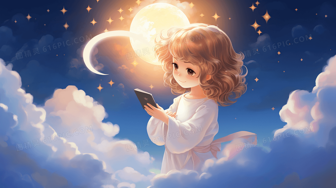 唯美星空少女夜晚风景晚安插画