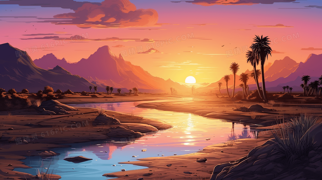 唯美沙滩夕阳落日风景插画