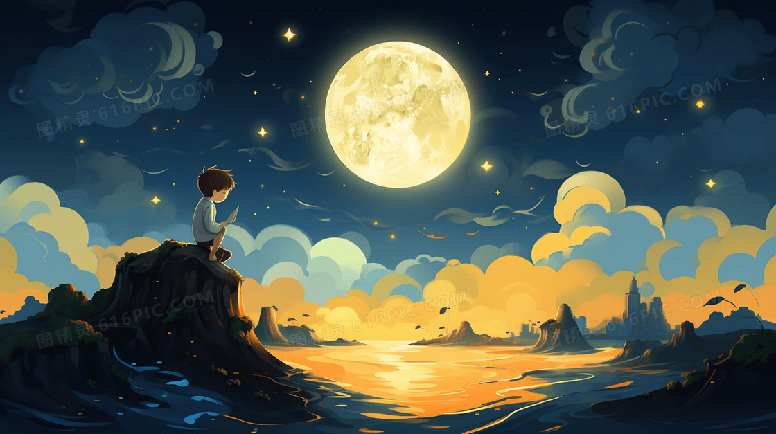 唯美孩子坐在星空下插画