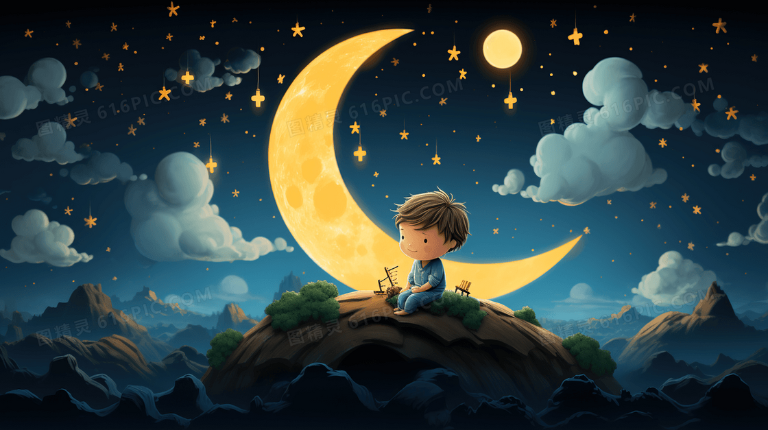 唯美孩子坐在星空下插画