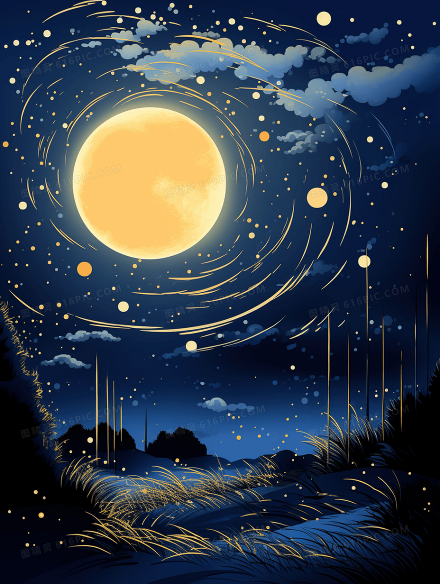 唯美星空夜晚草地风景插画