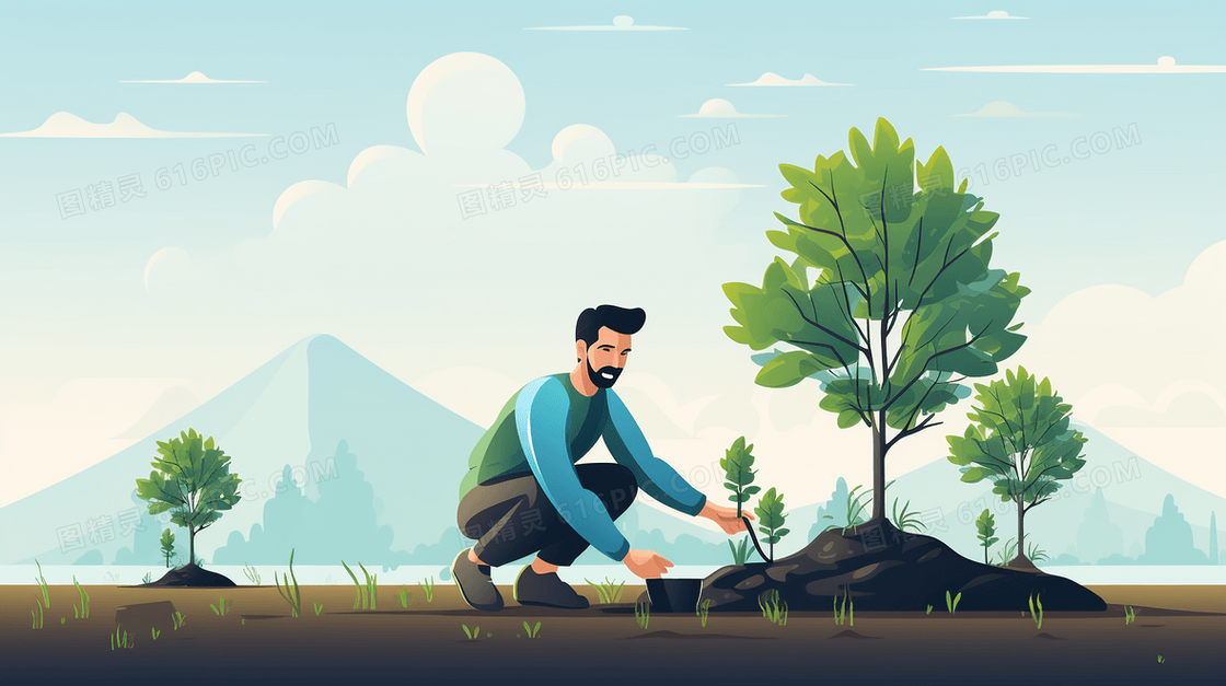 环保志愿者植树保护环境插画