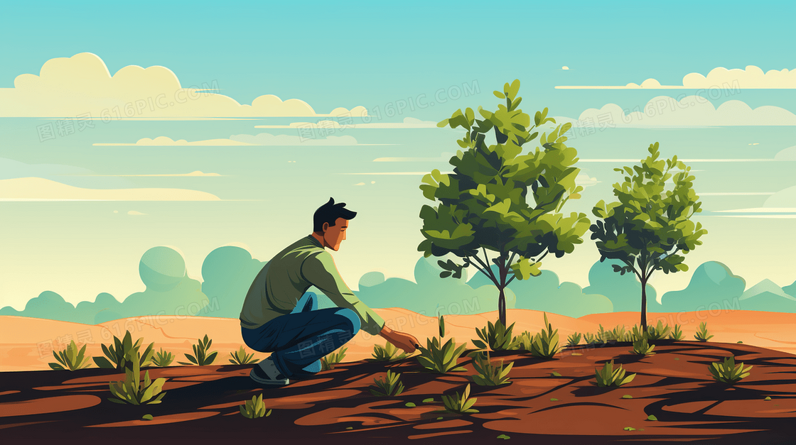 环保志愿者植树保护环境插画