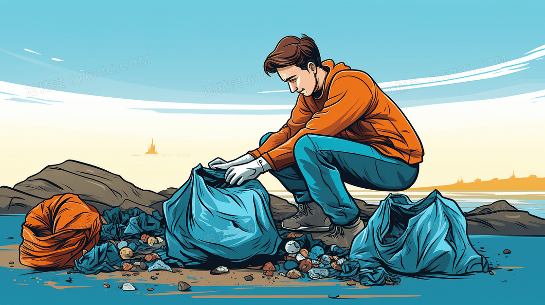 环保志愿者捡垃圾保护环境插画