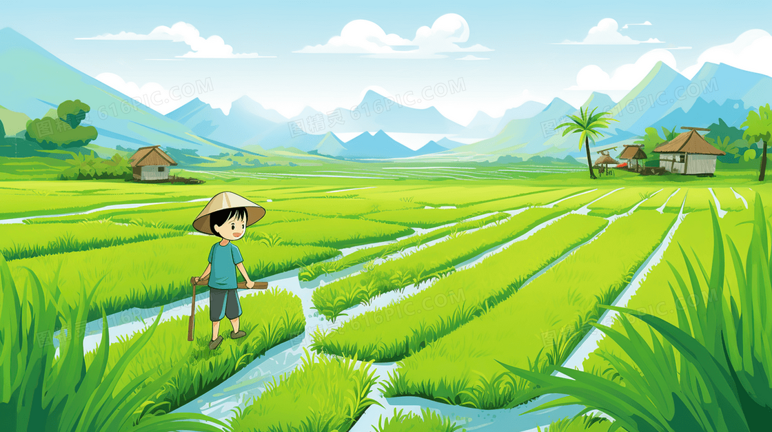 春季山边翠绿辽阔的水稻田插画
