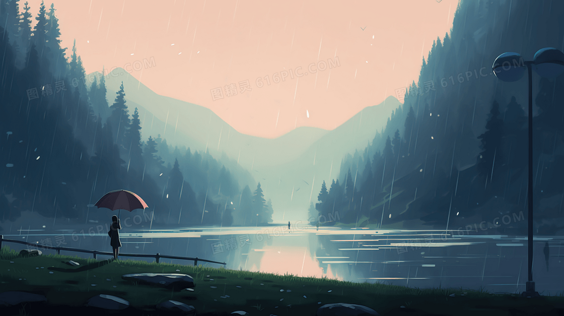山谷树林湖泊的唯美雨景插画