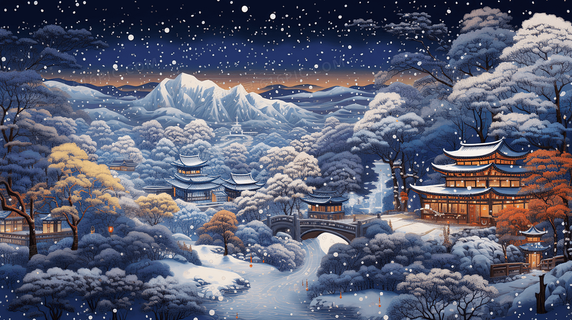 冬季乡村土坯房雪景插画