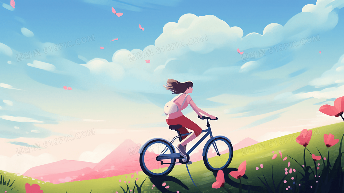 在美丽的山林花草地上骑自行车的女生插画