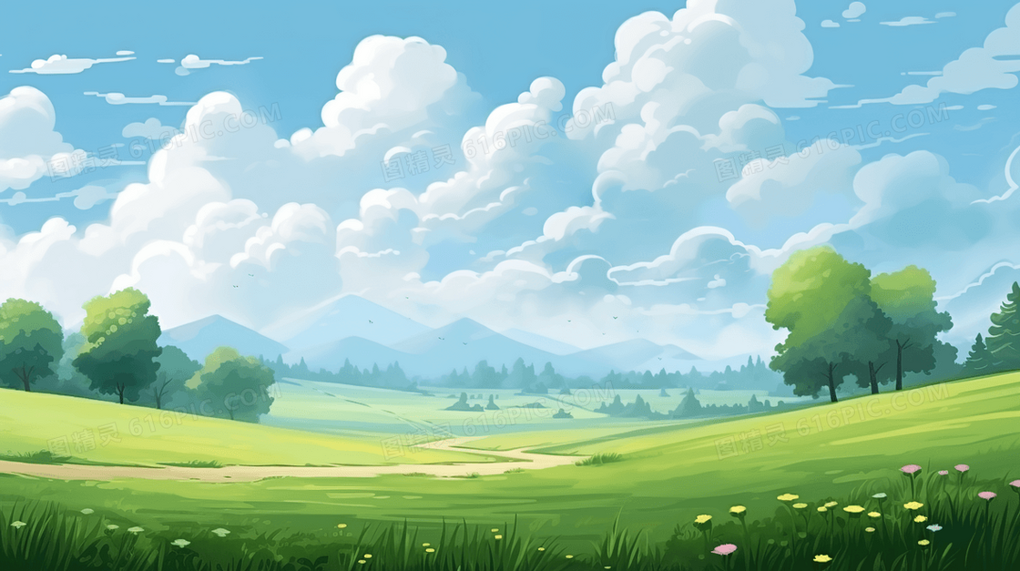 春季蓝天白云下的翠绿色的草原插画
