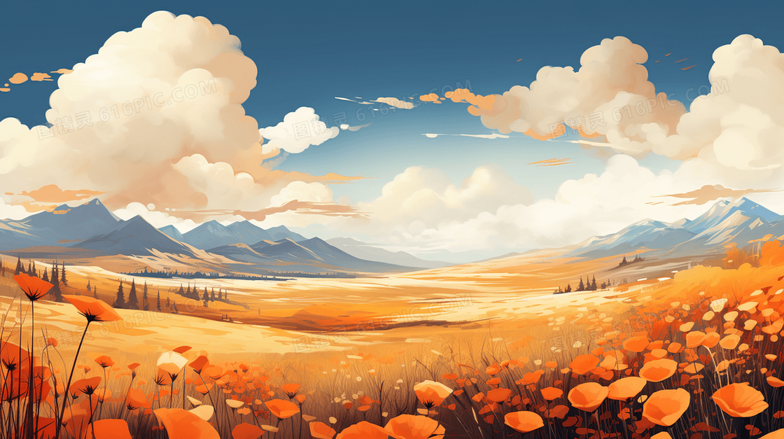 漫山遍野盛开的橙色小花和小雏菊插画