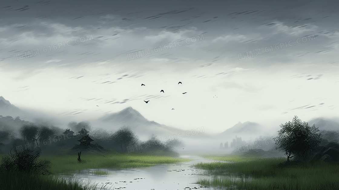 远山草原上的细雨水墨画插画