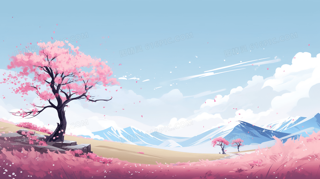 春季平原上盛开的樱花树插画